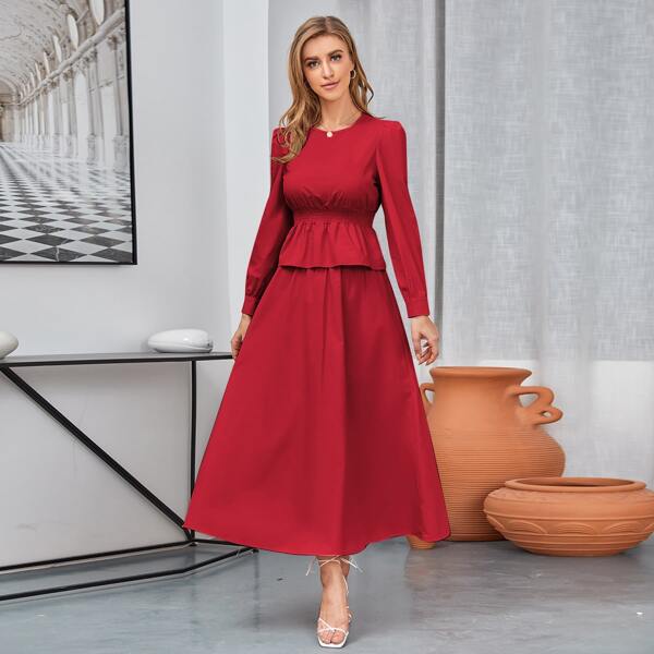 

Puff Sleeve Shirred Ruffle Hem Top & Skirt, Red
