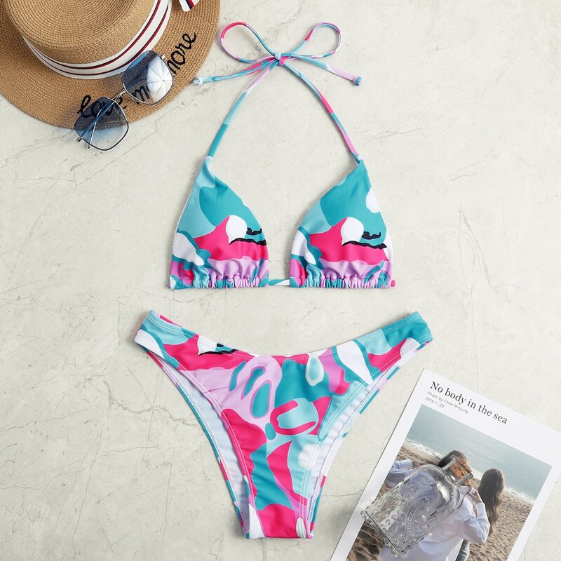 

Allover Graphic Triangle Bikini Swimsuit, Multicolor