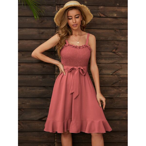 

Self Tie Ruffle Hem Shirred Cami Dress, Watermelon pink