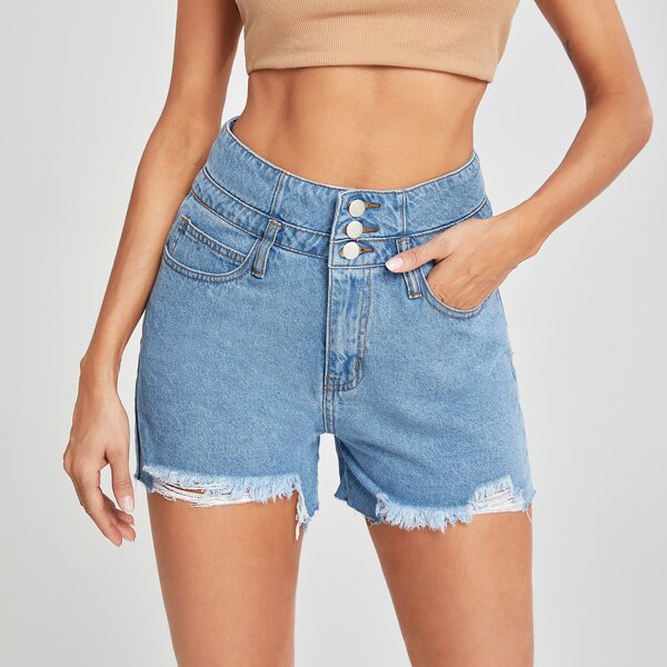 

Buttoned Waist Ripped Raw Hem Denim Shorts, Light wash