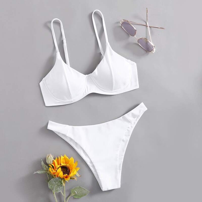

Solid High Cut Bikini Swimsuit, White