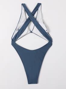 Cut Out High Leg One Piece Swimsuit - Navy Blue - View 2