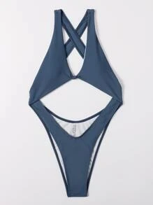 Cut Out High Leg One Piece Swimsuit - Navy Blue - View 4
