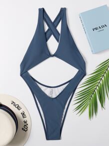 Cut Out High Leg One Piece Swimsuit - Navy Blue - View 6