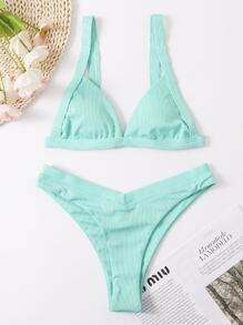 Bikini de corte alto con ribete para las vacaciones de verano en la playa - Azul menta - Ver 1