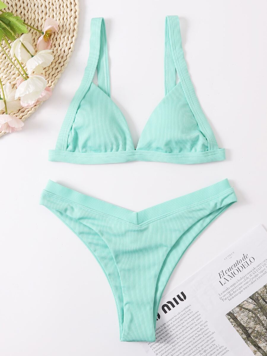 Bikini de corte alto con ribete para las vacaciones de verano en la playa - Azul menta - Ver 1