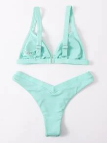 Bikini de corte alto con ribete para las vacaciones de verano en la playa - Azul menta - Ver 2