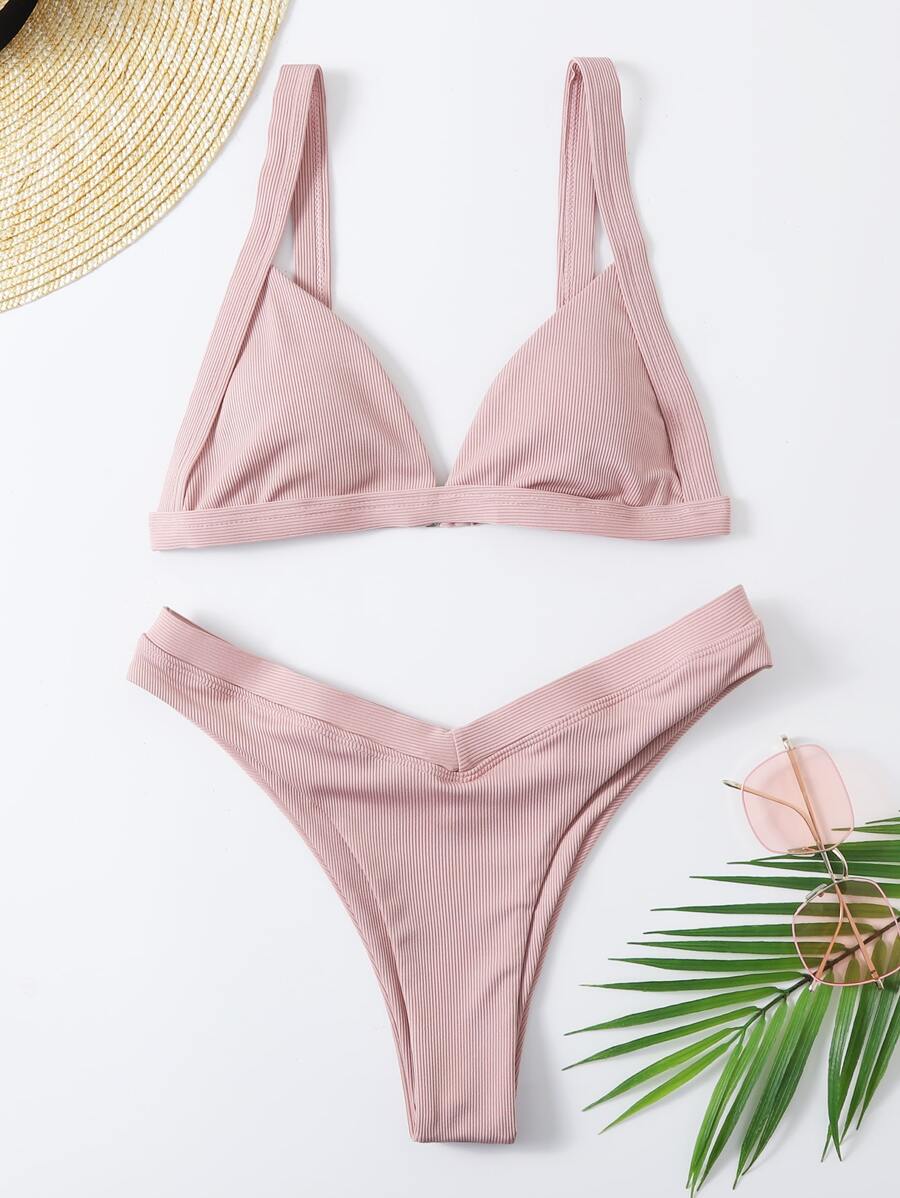 Bikini De Corte Alto Acanalado Para La Vocación De Playa De Verano - Rosa Pálido - Ver 1