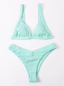 Bikini de corte alto con ribete para las vacaciones de verano en la playa - Azul menta - Ver 3