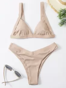 Bikini con ribetes y corte alto para las vacaciones en la playa en verano - Caqui - Ver 1