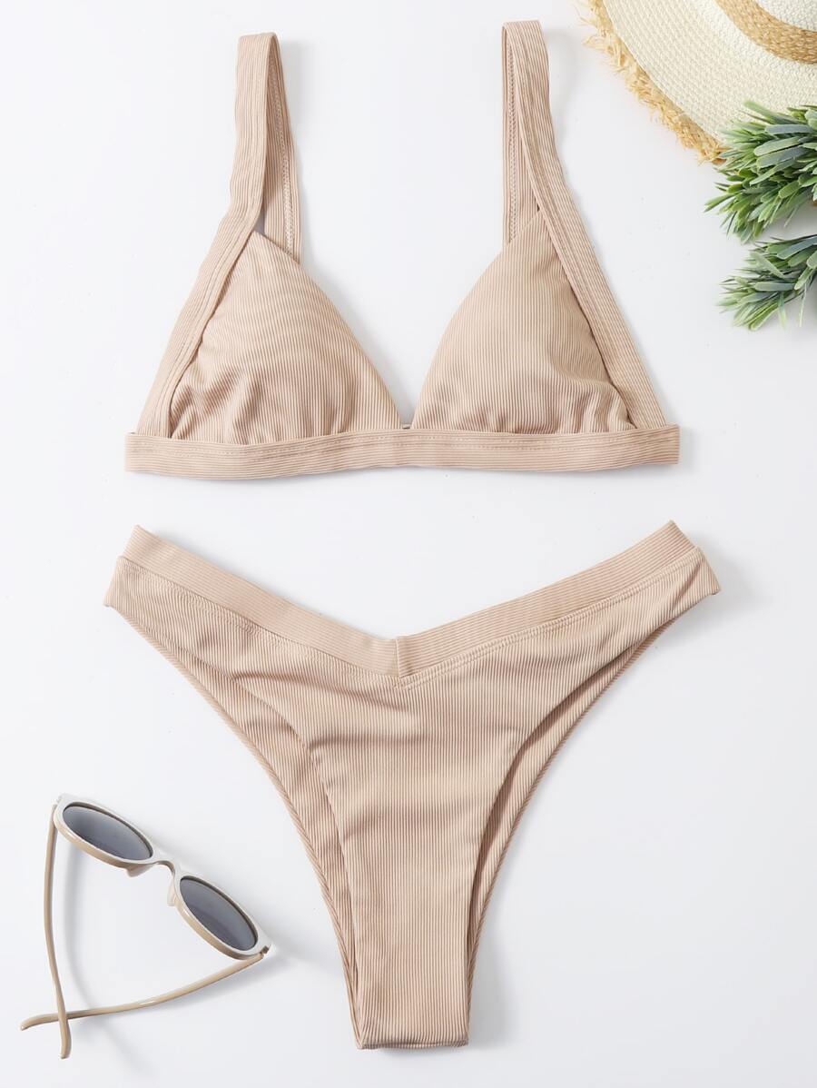 Bikini con ribetes y corte alto para las vacaciones en la playa en verano - Caqui - Ver 1