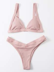 Bikini De Corte Alto Acanalado Para La Vocación De Playa De Verano - Rosa Pálido - Ver 3