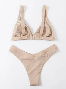 Bikini con ribetes y corte alto para las vacaciones en la playa en verano - Caqui - Ver 2