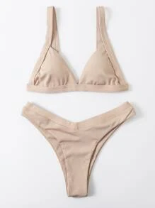 Bikini con ribetes y corte alto para las vacaciones en la playa en verano - Caqui - Ver 3