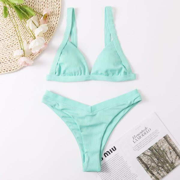 

Rib High Cut Bikini Swimsuit, Mint blue