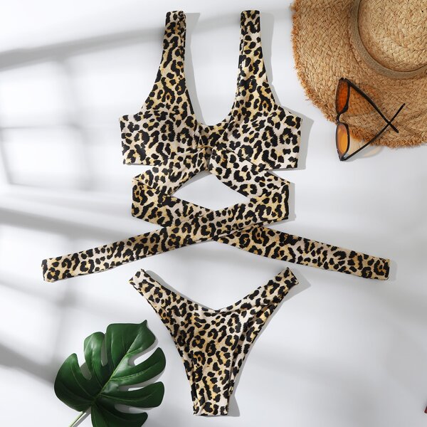 

Leopard Ring Linked Bikini Swimsuit, Multicolor