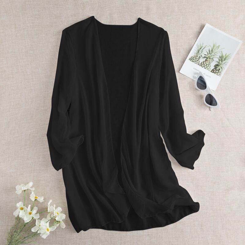 

Sheer Chiffon Open Front Kimono, Black
