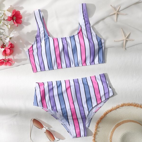 

Colorful Striped High Waisted Bikini Swimsuit, Multicolor