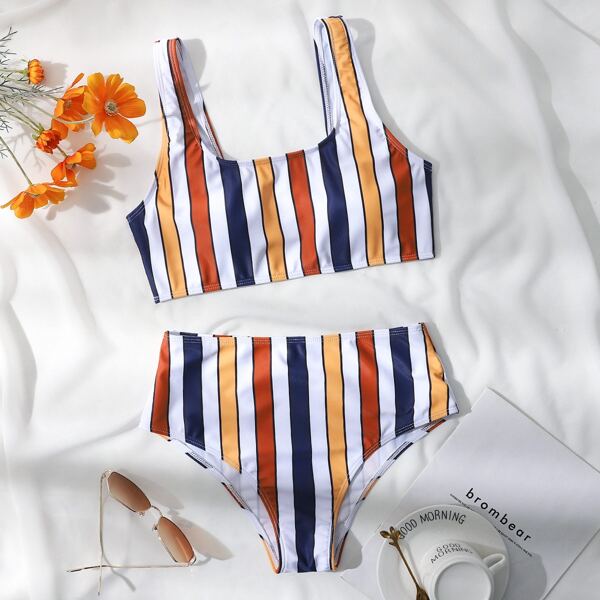 

Colorful Striped High Waisted Bikini Swimsuit, Multicolor