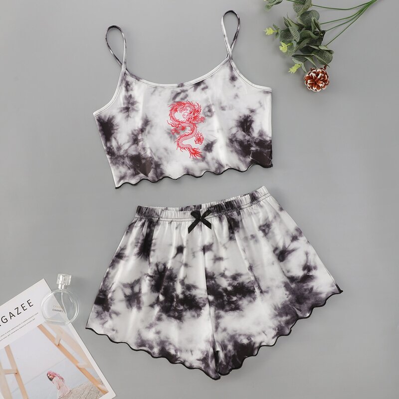 

Chinese Dragon & Tie Dye Lettuce Trim Pajama Set, Black and white