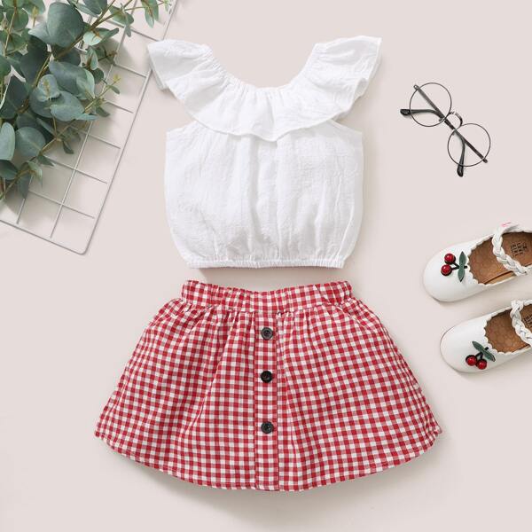 

Baby Girl Ruffle Trim Top & Gingham Skirt, Red and white
