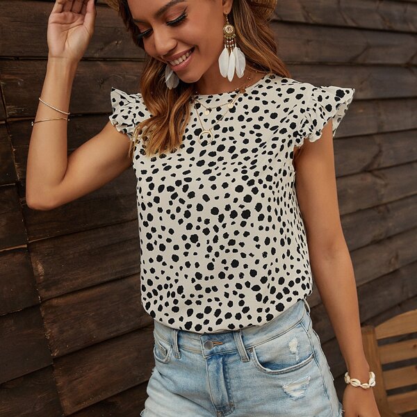 

Allover Print Ruffle Sleeve Blouse, Apricot
