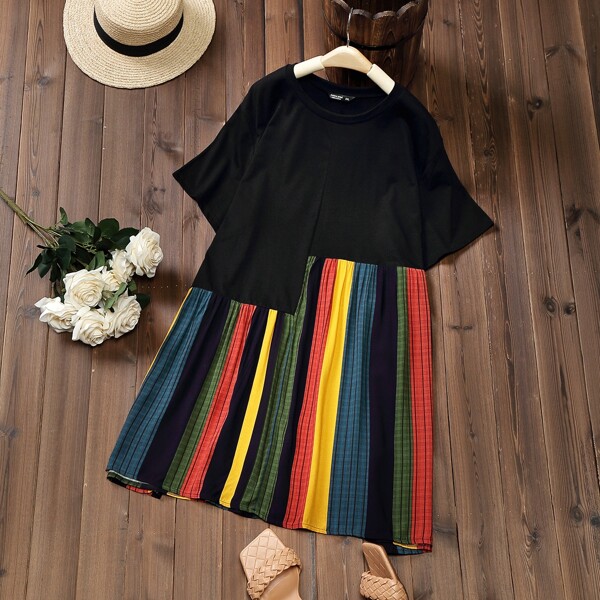 

Plus Stripe & Plaid Print Long Tee, Multicolor