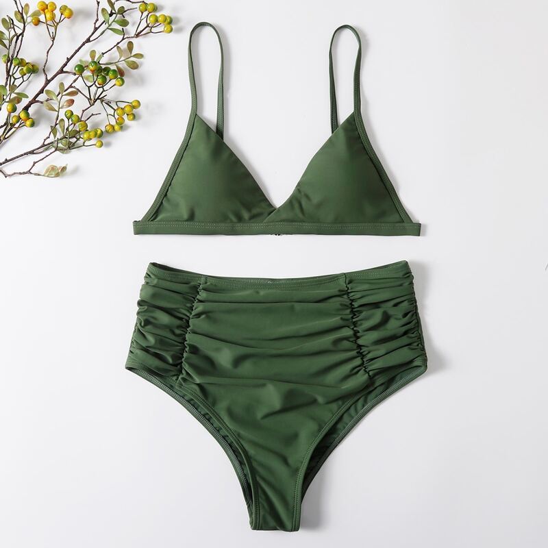 

Solid Triangle Ruched High Waist Bikini Swimsuit, Army green