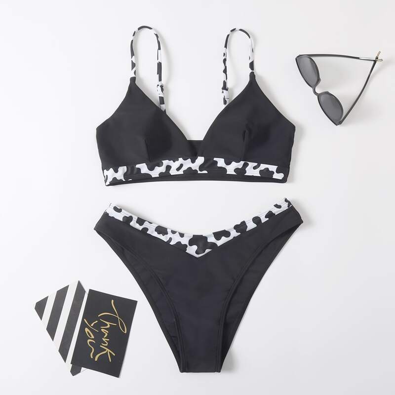 

Cow Print Trim Bikini Swimsuit, Black