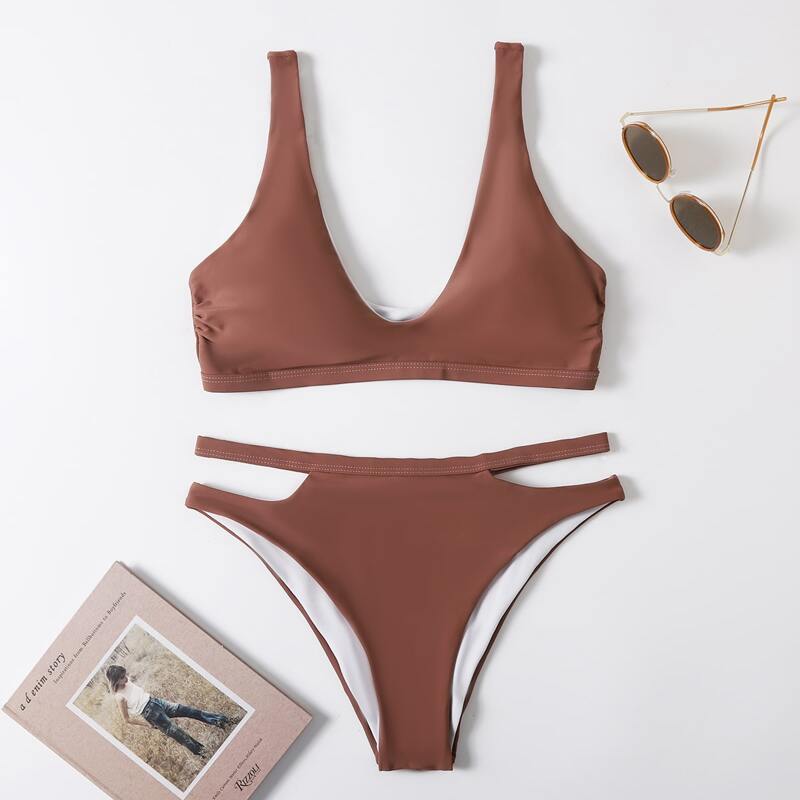 

Solid Cut Out Bikini Swimsuit, Rust brown
