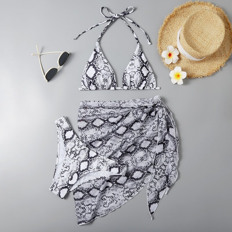 

3pack Snakeskin Halter Bikini Swimsuit & Beach Skirt, Black and white