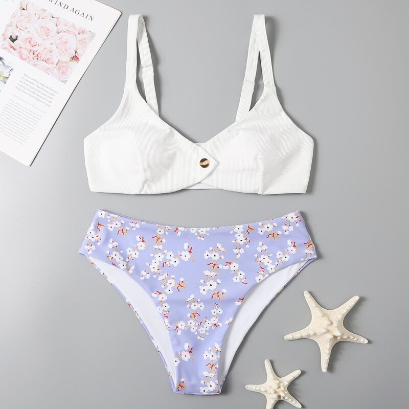 

Ditsy Flower Button Bikini Swimsuit, Multicolor
