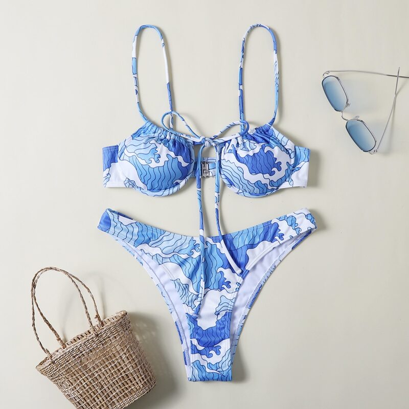 

Graphic Underwire Tie Front Bikini Swimsuit, Blue and white