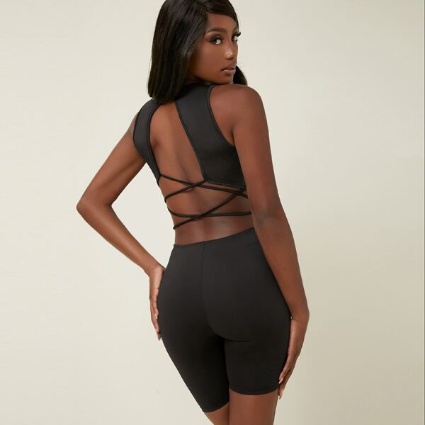 

O-Ring Zip-Up Cutout Backless Tank Romper, Black