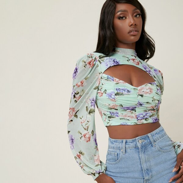 

Floral Print Mesh Bust Cutout Ruched Crop Top, Multicolor