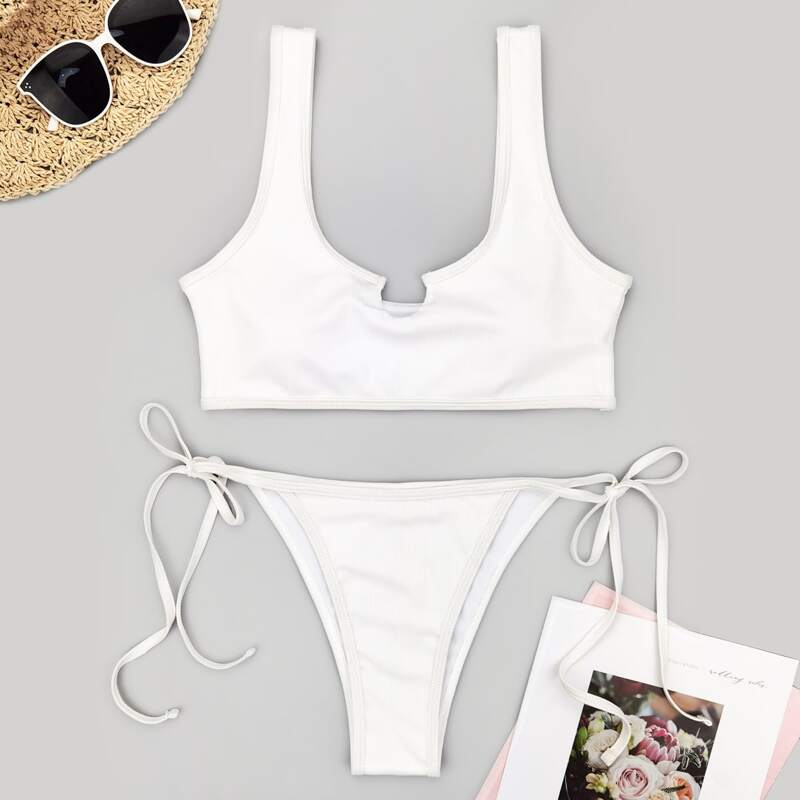 

Scoop Neck Tie Side Bikini Swimsuit, White
