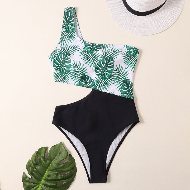 

Tropical Print Cut-out One Piece Swimsuit, Multicolor