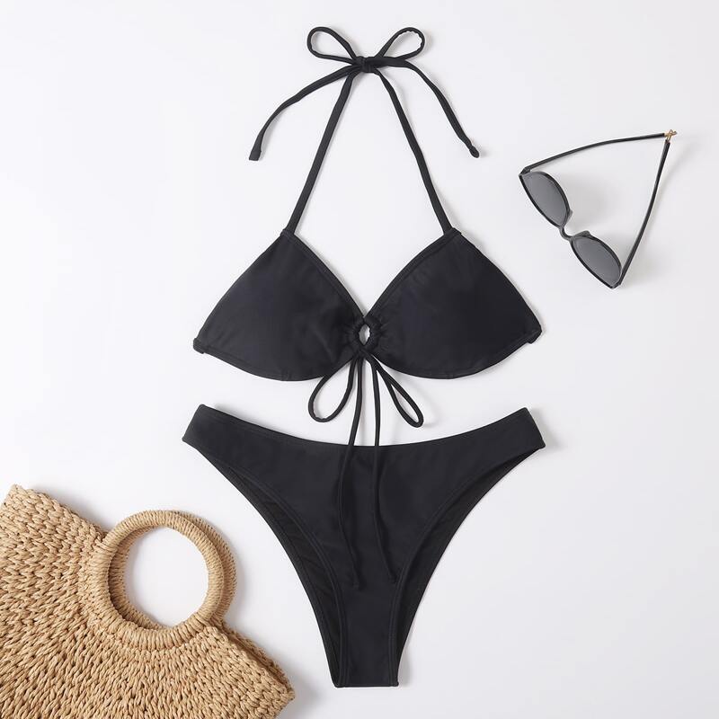 

Drawstring Front Halter Bikini Swimsuit, Black