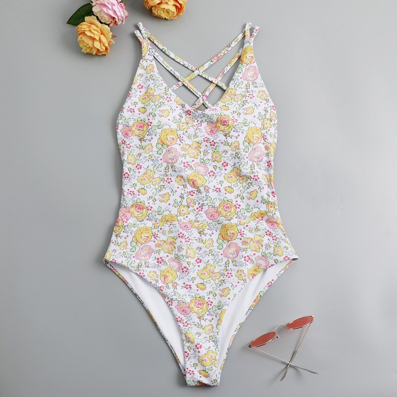 

Floral Criss Cross One Piece Swimsuit, Multicolor