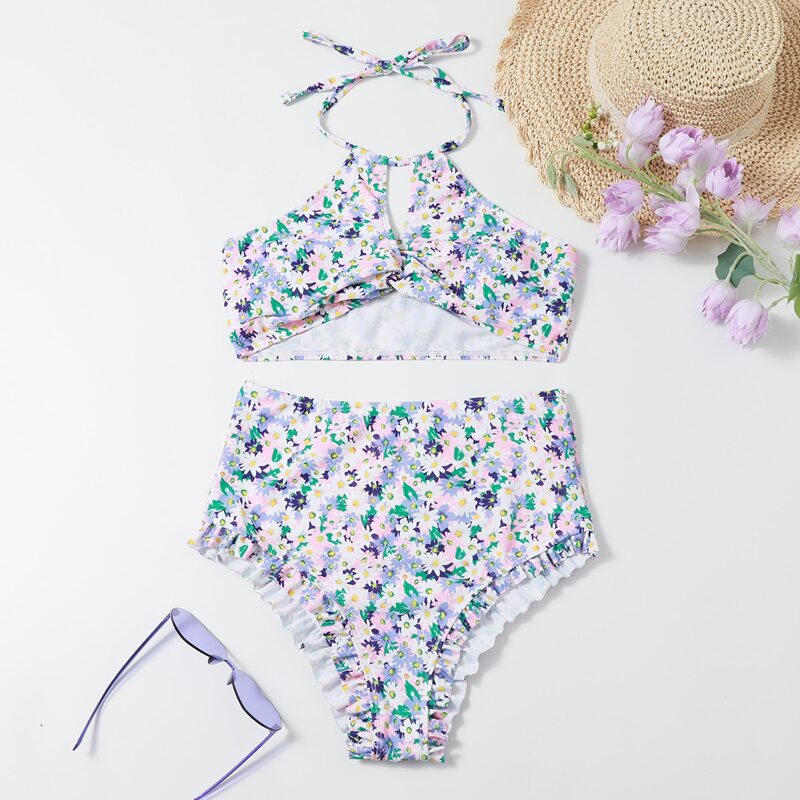 

Ditsy Floral Frill High Waist Bikini Swimsuit, Multicolor