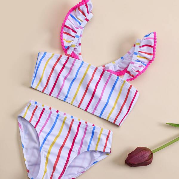 

Toddler Girls Striped Pom-pom Ruffle Bikini Swimsuit, Multicolor