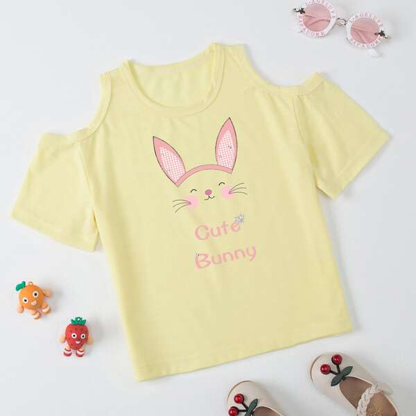 

Toddler Girls Rabbit Print Cold Shoulder Tee, Yellow