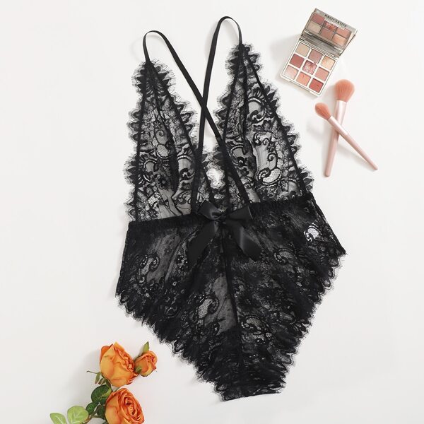 

Plus Floral Lace Sheer Teddy Bodysuit, Black