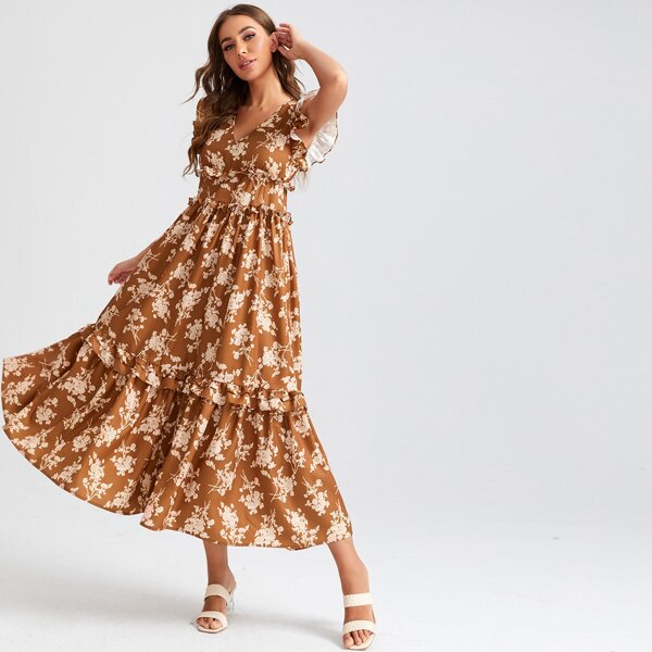 

Frill Trim Ruffle Hem Floral Dress, Multicolor