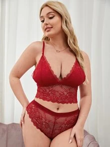 Plus Floral Lace Lingerie Set - Red - View 1