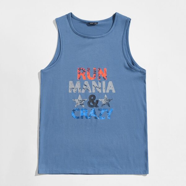 

Men Letter & Star Print Tank Top, Dusty blue