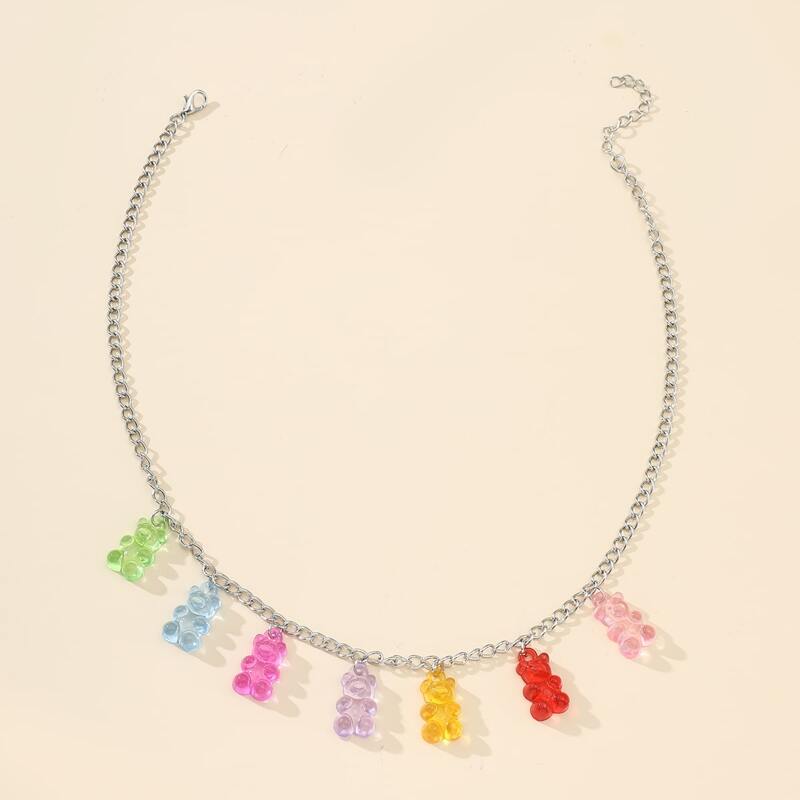 

1pc Bear Charm Chain Necklace, Silver