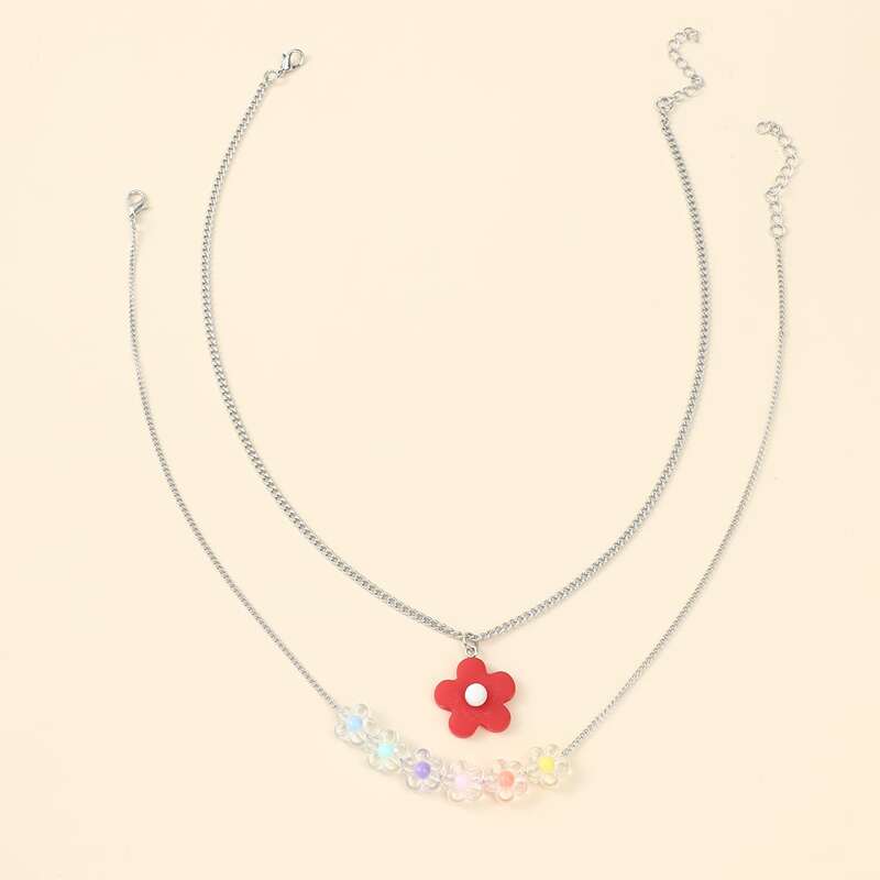 

2pcs Floral Pendant Necklace, Silver