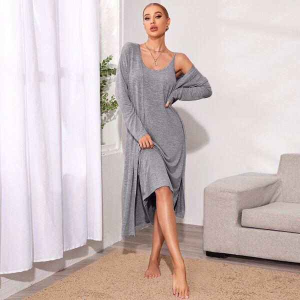 

Solid Cami Dress With Robe Lounge Set, Grey