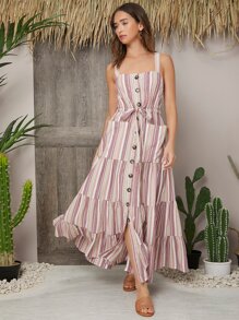 SHEIN Vestido con bolsillo con botón delantero de rayas - Multicolor - Ver 1